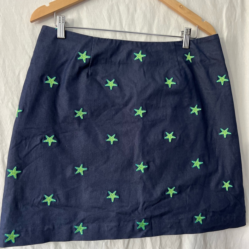 Lilly Pulitzer Denim Navy Blue Skirt with Green Star Embroidery